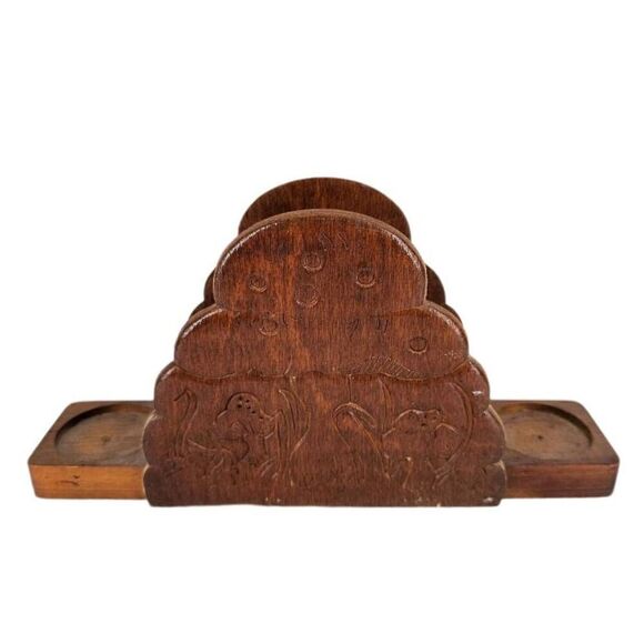 Vintage Wood Mushroom Napkin Salt Pepper Holder - Picture 1 of 4